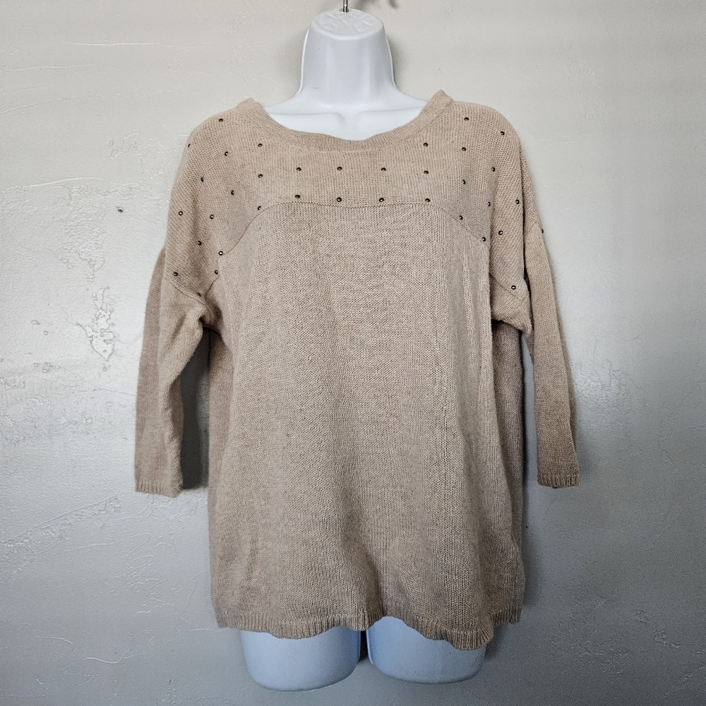 Route 66 Women's Small Beige Quarter Sleeve Sweater Gold Studded Boho Fall Shirt